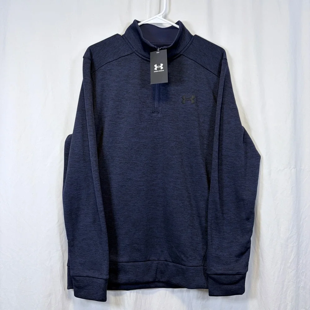 Under Armour Fleece Twist‎ Quarter-Zip Pullover Navy Blue Heathered Logo Size L